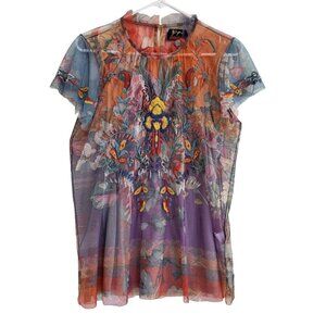 Johnny Was Biya Women's Floral Embroidered Purple Air Mesh Blouse Shirt Size S